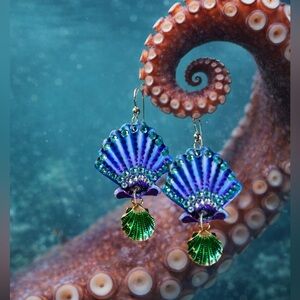 Scallop shell handpainted earrings w crystal and charm sterling wire OOAK